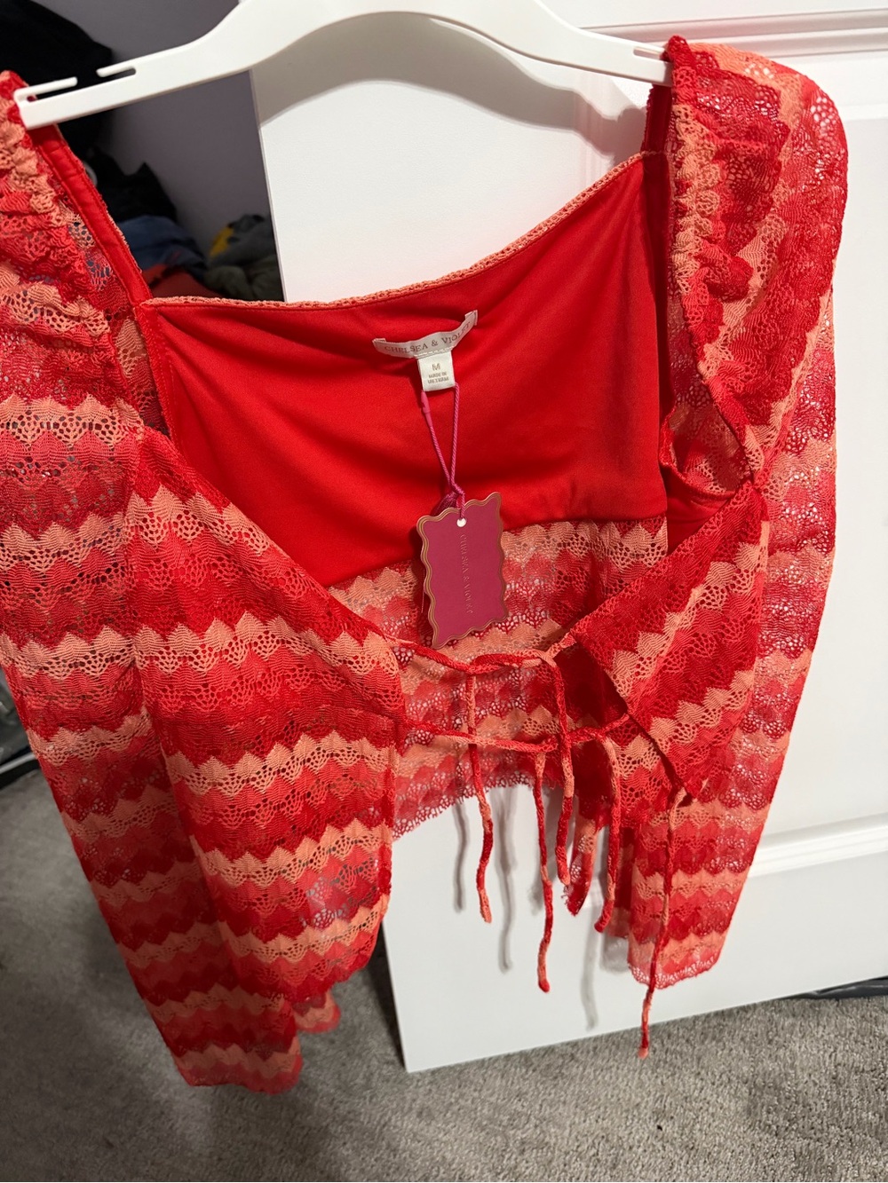 Chelsea & Violet Red and Cream Lace Tie-Front Sheer Chemise Cover-Up
